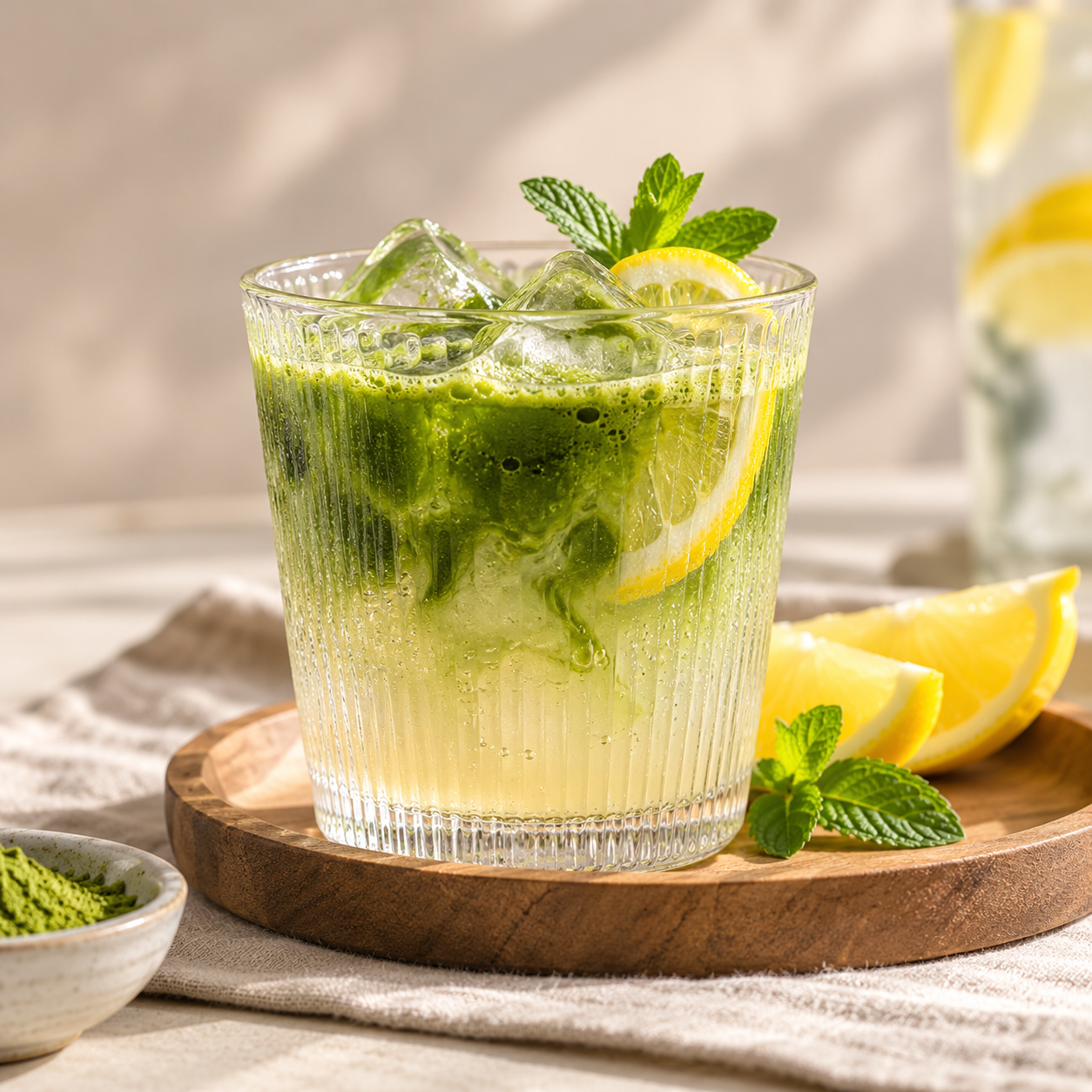 Ľadový matcha nápoj s citrónom a mätou